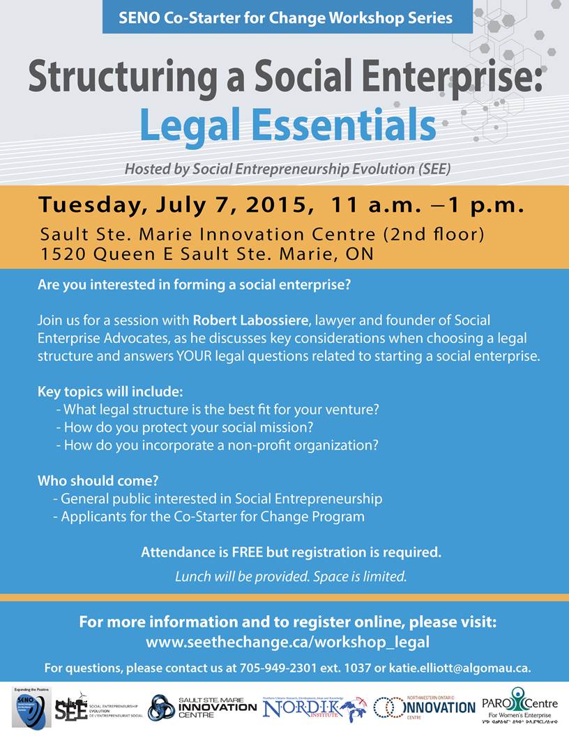 poster for Sault Ste. Marie talk on social enterprise and law.